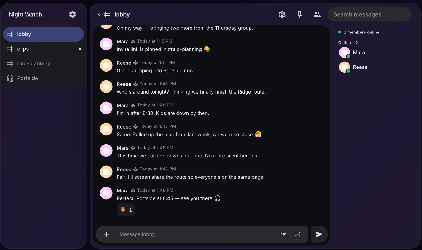 Mutiny text channel with a group conversation, reactions, and the member list.